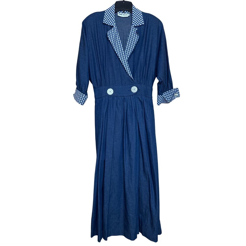 Ronnie Heller Vintage Denim Midi Dress Plaid Collar Wrap Button Blue Size 12